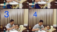 Begini pose Mumtaz saat berusaha menyuapi makan sang putra. Terlihat bingung, namun tetap berhasil membuat sang putra makan dengan lahap. Foto: Instagram @mumtaz.futri