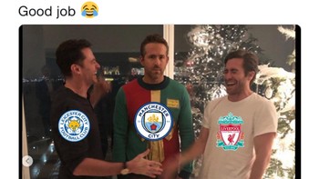 Meme yang menggambarkan Liverpool memberi selamat kepada Leicester City atas pekejaan bagus dalam menundukkan Manchester City. (Foto: Internet/Twitter)