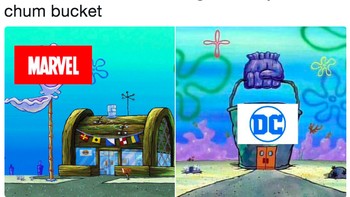 Meme Krusty Krab vs Chum Bucket kerap digunakan untuk membandingkan yang terbaik dari dua hal. Jangan tersinggung ya fans DC. Foto: Istimewa