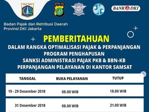 Pengumuman! Besok, Samsat Jakarta Masih Buka Sampai Jam 9 Malam