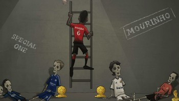 Kartun yang menggambarkan Solskjaer menolong Pogba membantu keluar dari jeratan negatif Mourinho. Foto: Twitter