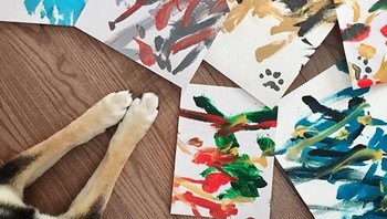 Au melatih Hunter untuk memegang kuas terlebih dahulu, kemudian menyentuhkan kuas tersebut ke selembar kertas. Setelah terbiasa Hunter kemudian diberikan cat. (Foto: Boredpanda)