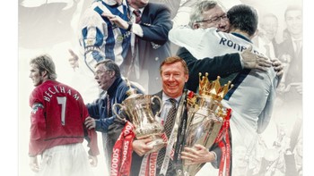 Ilustrasi yang menarik di mana Alex Ferguson memegang banyak piala sedangkan di latar belakang adalah para pemain legendaris MU. Foto: istimewa