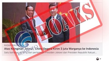 Hoax lain yaitu China segera mengirim 3 juta warganya ke Indonesia atas keinginan Jokowi. Adapun situs yang mempublikasikan berita tersebut tidak terdaftar di dewan pers. Foto: Dok. Kemenkominfo