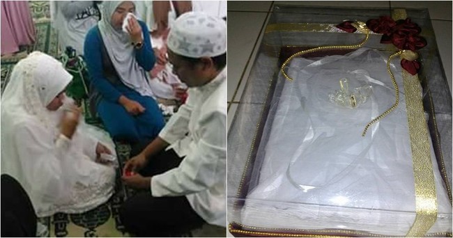 Pada Maret 2017, seorang wanita asal Bekasi bernama Ariyati jadi viral karena meminta kain kafan sebagai mahar pernikahannya. Alasan Ariyati ini pun sungguh mengharukan. Ia menginginkan jika meninggal nanti, kain kafan pemberian suaminya yang bernama Indra itu menemani dirinya. Foto: dok. Facebook