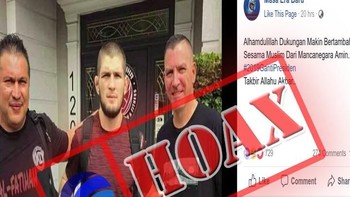 Tulisan tagar 2019 ganti presiden di kaos yang dipegang oleh petarung UFC Khabib Nurmagomedov ini merupakan foto hasil editan alias hoax. Foto: Dok. Kemenkominfo
