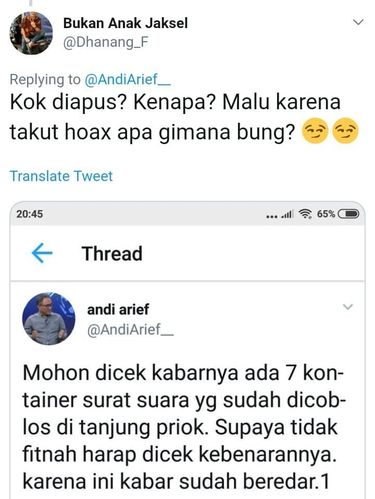 Screenshoot Cuitan Andi Arief yang sudah dihapus