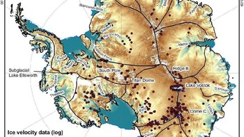 Danau bMercer Subglacial diyakini menjadi salah satu dari 400 danau tersembunyi di kedalaman Antartika. Tampak dalam peta di atas, titik hitam menunjukkan keberadaan danau di bawah Antartika. Foto: Salsa