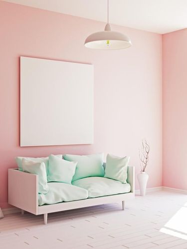 Interior mockup illustration, modern room in pink color, interior design with sofa and blank board on the wall