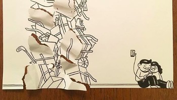 Dengan modal kertas putih dan spidol hitam ia bisa ciptakan gambar 3D yang bercerita dengan cara melipatnya ataupun disobek. (Foto: Instagram)