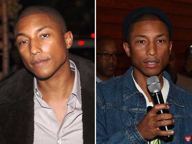 Penampilan awet muda Pharrell Williams membuat banyak pria iri. Siapa sangka kalau dua foto ini diambil dengan jarak waktu 10 tahun? Foto: Getty Images