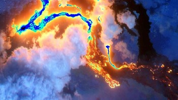 Dengan sensor inframerah gelombang pendek, DigitalGlobe menangkap gas berbahaya, batuan cair, dan lava yang mengalir deras dari Gunung berapi Kilauea, Hawaii, AS. Foto: Digital Globe