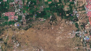 Pascagempa melanda Sulawesi Tengah, terjadinya likuifaksi hingga meluluhlantakan sebuah daerah yang menjadi rata dengan tanah. Foto: Digital Globe