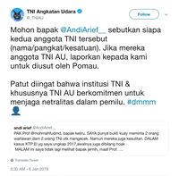 TNI AU Minta Andi Arief Sebut TNI yang Ikut Usut 7 Kontainer Surat Suara