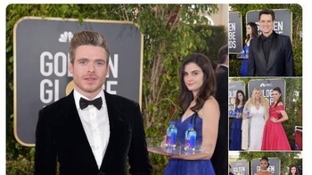 Seorang gadis pembawa air minum kemasan dalam ajang Golden Globes mencuri perhatian media sosial lantaran melakukan photobomb ke sejumlah selebriti. Foto: Istimewa