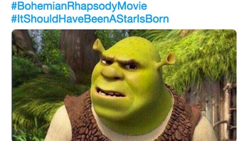 Netizen yang kontra dengan kemenangan Bohemian Rhapsody ini memajang gambar Shrek yang terlihat keheranan terhadap kesuksesan film tersebut. Foto: istimewa