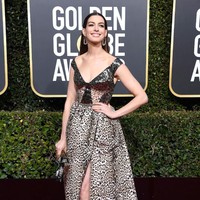 Anne Hathaway membawa imej berbeda dibalut gaun Elie Saab yang dihiasi print leopard di sepanjang gaun. Namun perubahan imej dengan animal print dan metalik tampaknya bukan pilihan sempurna untuk karakter Anne yang elegan. Foto: Getty Images