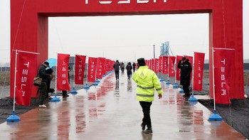 Logi dan bendera Tesla tampak berkibar di area yang akan dijadikan pabrik mobil Tesla. Foto: Reuters