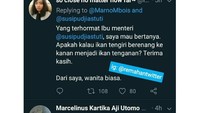 Dua netizen ini bertanya soal ikan tenggiri dan ikan gabus. Masa ikan tenggiri kalau berenang ke kanan jadi ikan tenganan? Foto: Twitter