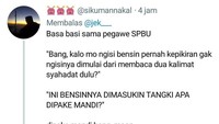 Pegawai SPBU lagi-lagi kena basa-basi netizen. Tapi kalau semua pelanggan basa-basi begini pasti antriannya jadi panjang ya.  Foto: Twitter