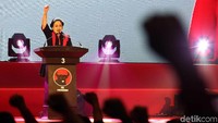 Ketua Umum PDI Perjuangan Megawati Soekarnoputri hadir memberi sambutan dalam perayaan HUT PDIP ke-46 di JI-Expo, Kemayoran, Jakarta, Kamis (10/1/2019).