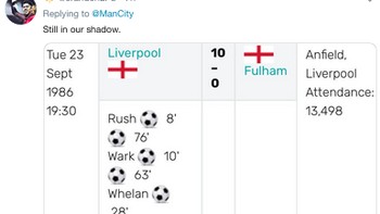 City menang 9-0? Liverpool pernah berjaya dengan skor lebih besar kok. (Foto: Internet/Twitter)