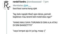 Bukan hanya penjual makanan saja, netizen juga mengajak profesi lain. Nah begini kali ya kalau tukang ojeknya belum dapat bonus, jadi galak. Foto: Twitter