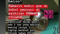 Ini kejadiannya hari Kamis kemarin (10/1/2019), sekitar jam 14.40, di Kemang Village, kata Bonita, saat dihubungi detikOto, Sabtu (12/1/2019. Bonita menjadi korban pencurian setelah sadar dua buah tas miliknya yang berisi laptop Macbook Pro 15 inci tidak ada di dalam mobilnya. Foto: Pool