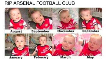 Fans Arsenal biasanya senang di awal musim karena timnya menuai hasil bagus, tapi biasanya melempem menjelang musim berakhir, seperti digambarkan dalam meme ini. Foto: istimewa