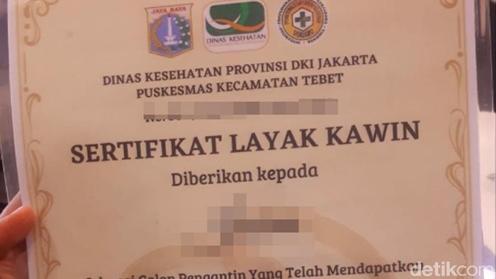 Sertifikat layak kawin dari Puskesmas Kecamatan Tebet. Foto: Dok. detikHealth Sertifikat layak kawin dari Puskesmas Kecamatan Tebet. Foto: Dok. detikHealth