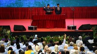 Prabowo menyampaikan pidato kebangsaan Indonesia Menang di Plenary Hall JCC, Jakarta.