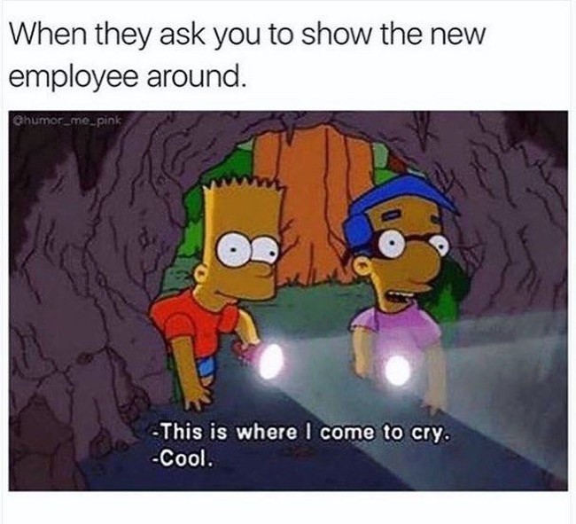 Saat diminta menunjukkan isi kantor kepada teman kerja baru, ini adalah tempat paling penting. Yakni ruangan sepi untuk menangis. Foto: Instagram