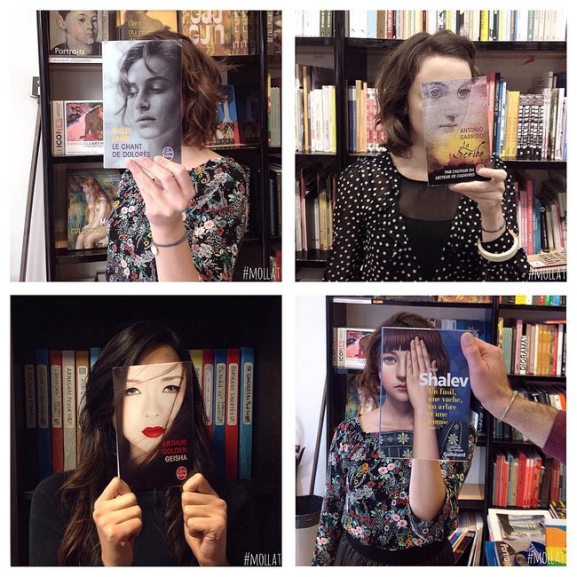Berikut kumpulan para wanita dengan pose-pose kreatif mereka pakai buku. Foto: Instagram @librairie_mollat