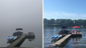 Perbedaan waktu pemandangan kota Michigan di waktu 9 pagi (kiri) dan jam 11 siang (kanann).  (Foto: boredpanda)