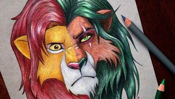 Simba dan Scar dari film Lion King. Adalah seniman bernama Dada yang menggambar berbagai karakter animasi dengan menggunakan pensil warna. (Foto: Instagram/dada16808)