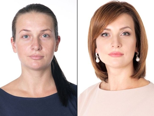 Tanpa makeup, wajah Anna yang seorang manajer memang terlihat glowing tapi sedikit pucat. Lihatlah perubahan drastisnya setelah potong rambut dan pakai makeup. Foto: Dok. Bogomolov.lv