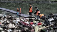 Sejumlah petugas dari UPK badan Air Jakarta membersihkan sampah di kawasan Banjir Kanal Timur (BKT), Ujung Menteng, Jakarta Timur, Sabtu (19/1/2019).