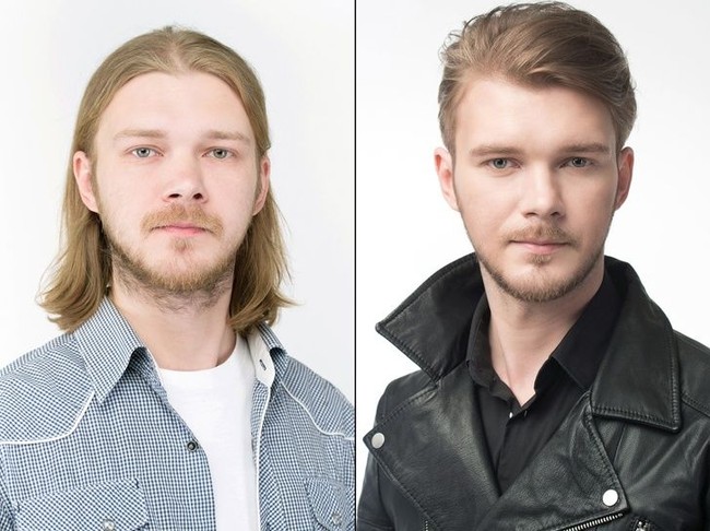 Kali ini makeover dilakukan pada model pria, Nikolay usia 31 tahun, seorang desainer freelance. Mengubah rambut gondrong jadi pendek membuatnya terlihat seperti seorang eksekutif muda. Foto: Dok. Bogomolov.lv