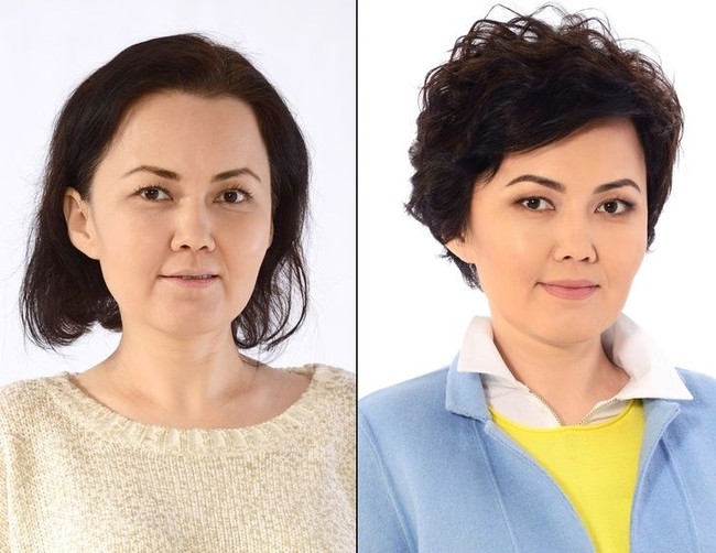 Gaya rambut pendek Zhanar yang berusia 40 tahun seolah menimbulkan efek facelift pada wajahnya. Dengan gaya rambut sebelumnya, pipi Zhanar terlihat turun. Foto: Dok. Bogomolov.lv