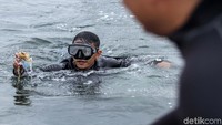 Seorang penyelam dari Dinas Potensi Maritim membersihkan sampah yang berada di dasar laut.