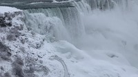 Pemandangan udara yang memperlihatkan permukaan Air Terjun Niagara membeku akibat suhu yang mencapai minus derajat. Dronebase via Reuters.