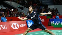 Anthony Sinisuka Ginting bertanding melawan Parupalli Kasyhap di Istora Senayan, Jakarta, Rabu (23/1/2019), 