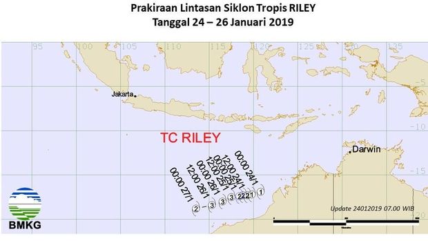 Siklon tropis Riley muncul di selatan Laut Timor sehingga menyebabkan kondisi cuaca di Indonesia