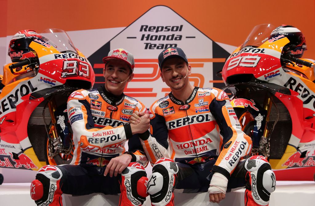 MotoGP - Repsol Honda Team Presentation - Campus Repsol, Madrid, Spain - January 23, 2019   Repsol's Marc Marquez and Jorge Lorenzo during the presentation   REUTERS/Susana Vera