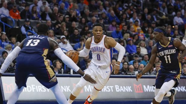 Jan 24, 2019; Oklahoma City, OK, USA; Oklahoma City Thunder guard Russell Westbrook (0) dribbles the ball between New Orleans Pelicans forward Cheick Diallo (13) and New Orleans Pelicans guard Jrue Holiday (11) during the second half at Chesapeake Energy Arena. Oklahoma City won 122-116. Mandatory Credit: Alonzo Adams-USA TODAY Sports