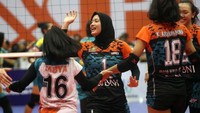 Pada pertandingan Putaran Dua Bola voli Proliga 2019 di Gor Sritex Arena, Solo, Jawa Tengah, Jumat (25/1/2019), Tim Putri Jakarta BNI 46 menang dengan skor 3-0 (25-14, 25-14, 25-9). Pool/Tim Putri BNI 46.