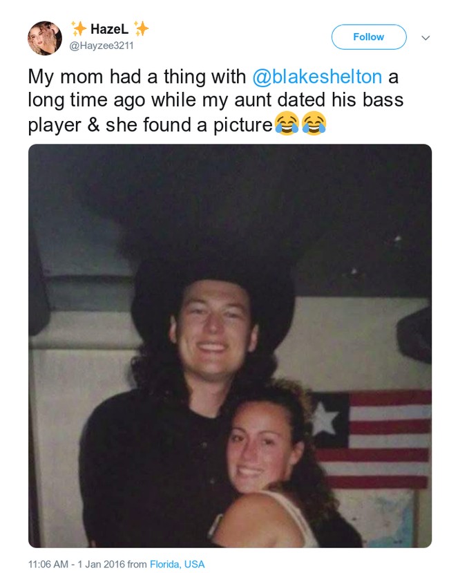 Sejumlah netizen yang mengetahui saudara apalagi ibu mereka pernah berpacaran dengan artis pun kaget ketika menemukan bukti foto. Apalagi jika artis tersebut sekarang jadi sangat terkenal. Termasuk wanita yang ibunya pernah kencan dengan penyanyi country Blake Shelton. Foto: Twitter