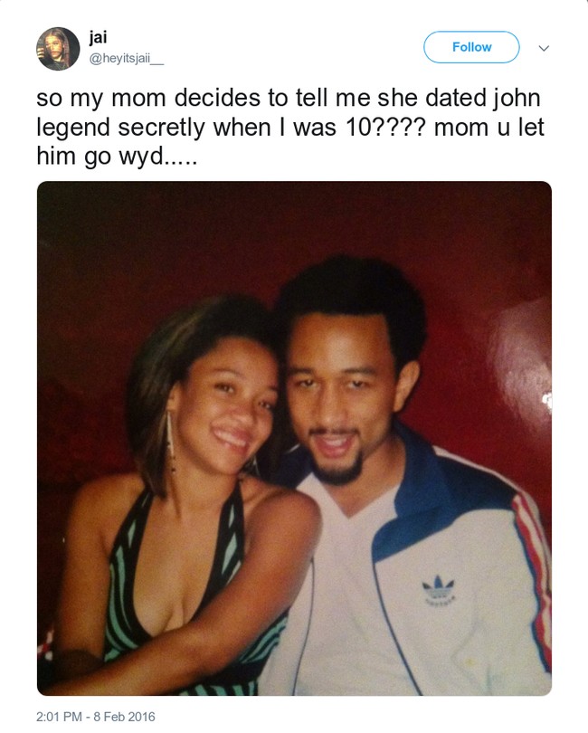 Wanita berikut terkejut ketika mengetahui ibunya berpacaran secara sembunyi-sembunyi dengan John Legend. Setelah mengentahuinya sekarang, ia pun kesal mengapa sang ibu putus dengan penyanyi yang kini menikahi Chrissy Teigen tersebut. Foto: Twitter