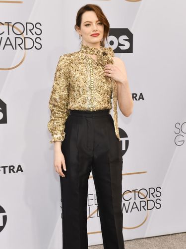LOS ANGELES, CALIFORNIA - JANUARY 27: Emma Stone arrives at the 25th Annual Screen ActorsÂ Guild Awards at the The Shrine Auditorium on January 27, 2019 in Los Angeles, California. (Photo by Rodin Eckenroth/Getty Images)