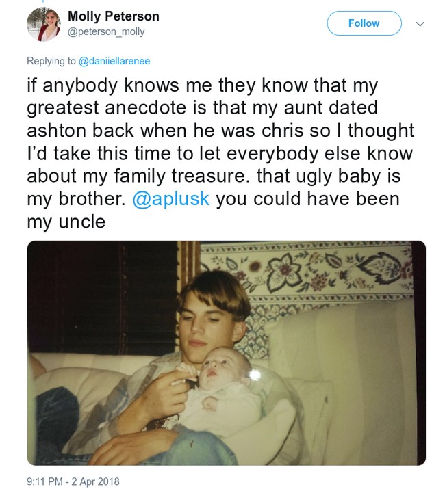 Meski hanya hampir menjadi keponakan Ashton Kutcher, netizen ini sudah cukup bangga. Foto: Twitter